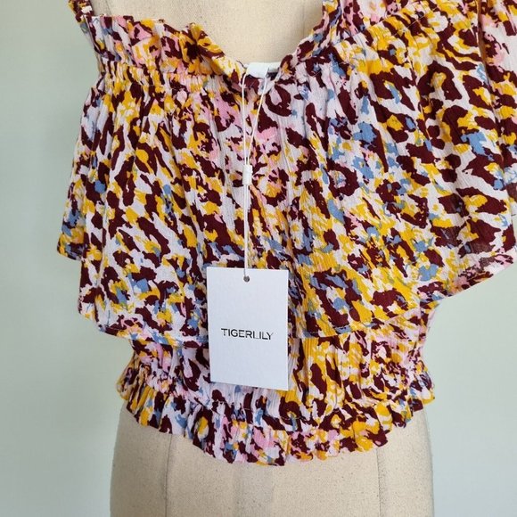 Tigerlily Talor Multicolour Leopard Print Off The Shoulder Peasant Top Size L XL - Picture 7 of 9